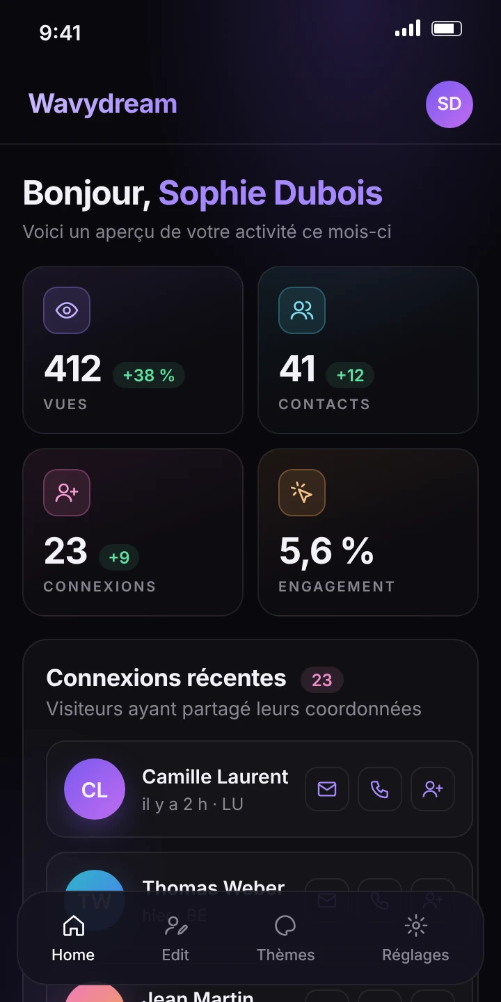 Tableau de bord Wavydream sur mobile : vues, contacts, connexions et engagement du mois, avec les dernières connexions
